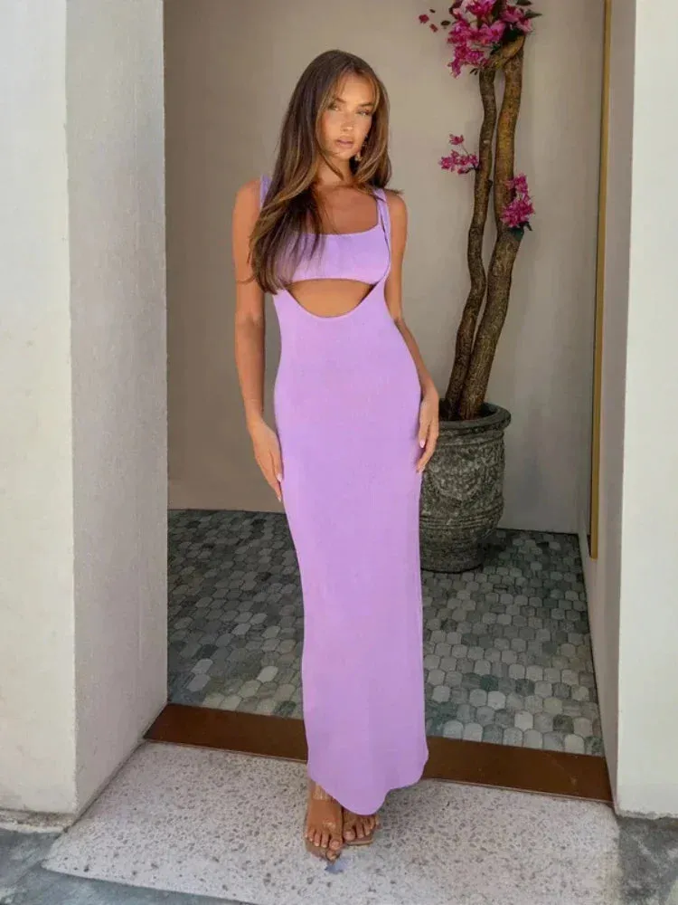 Sleeveless Bodycon Long Dresses Sexy Vacation Outfits for Females Two Pieces Dress Suits Black Purple C18-CG30