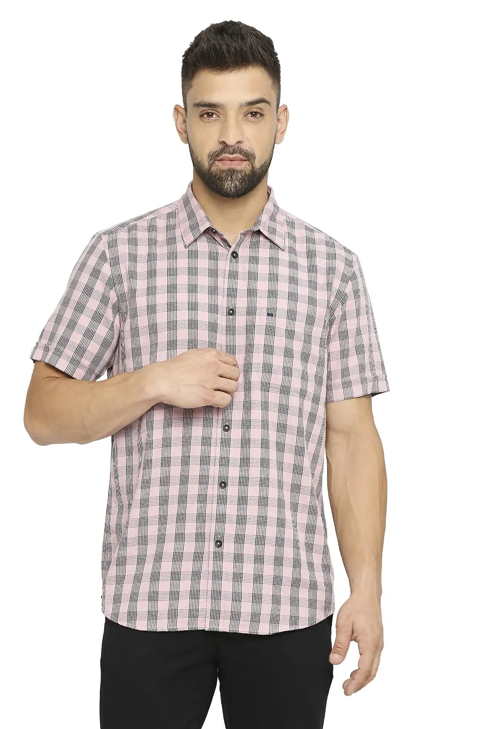 Slim Fit Polyester Viscose Twill Checks Halfsleeves Shirt