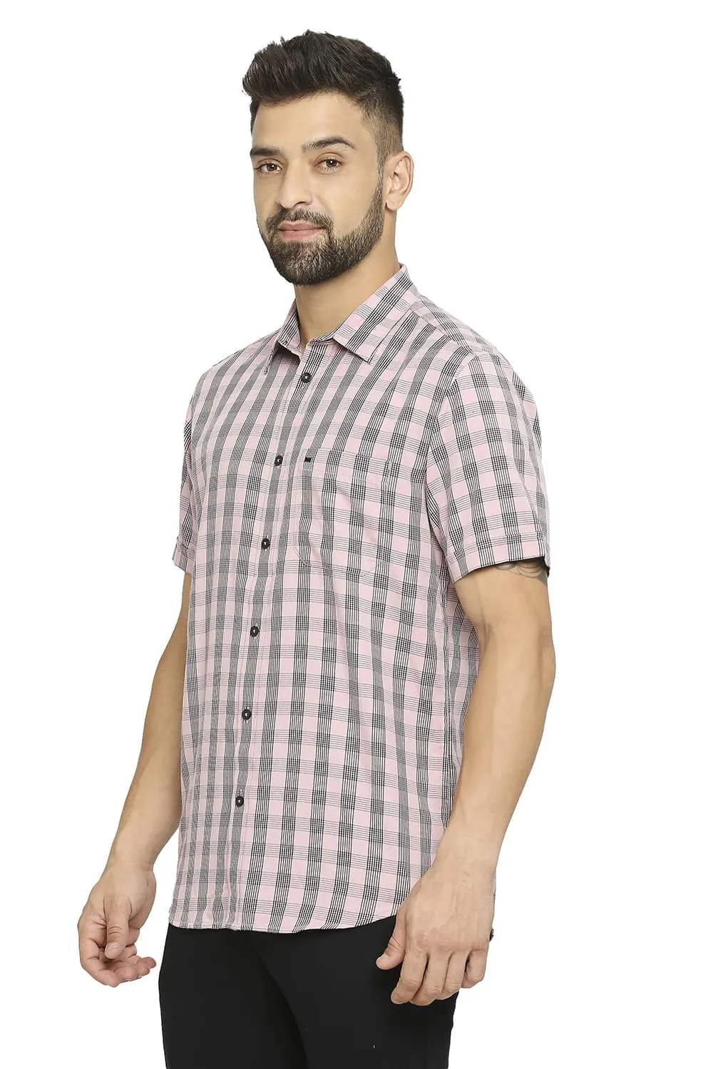 Slim Fit Polyester Viscose Twill Checks Halfsleeves Shirt