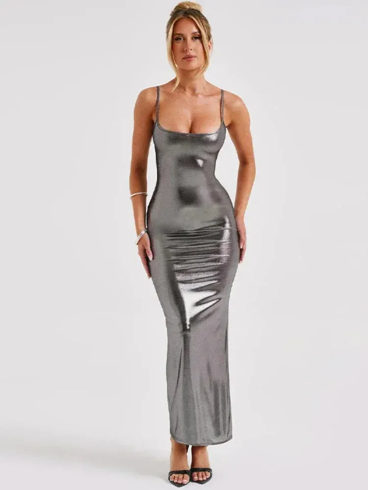 Spaghetti Strap Backless Bodycon Maxi Dress Metallic Silver Black Evening Dresses Woman Elegant Party Outfits C70-BF21