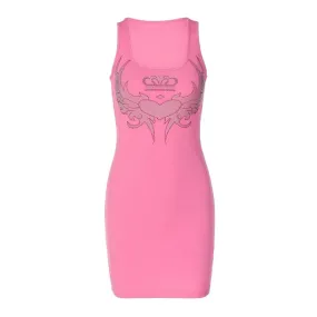 Sparkling Rhinestone Tank Dress for Women Y2k Cute Outfits Pink Rib Sleeveless Mini Bodycon Dresses Clubwear P70-BD22