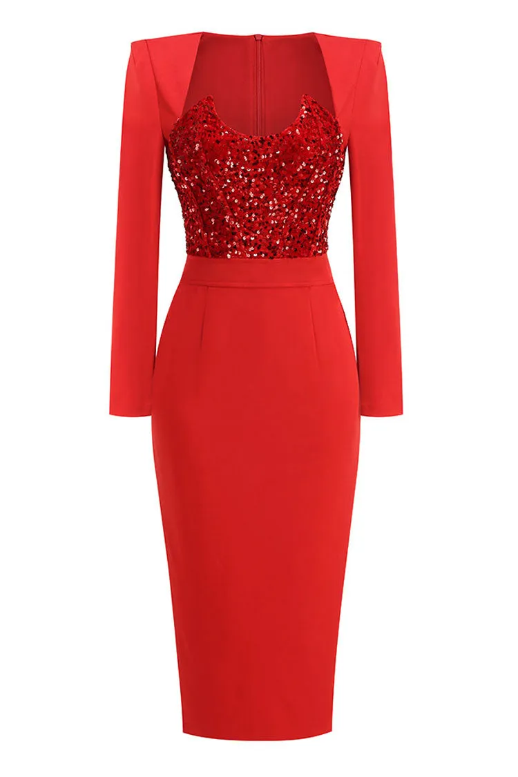 Sparkly Sequin Padded Long Sleeve Bodycon Croset Cocktail Party Midi Dress