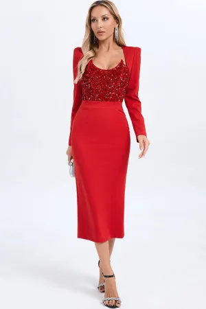 Sparkly Sequin Padded Long Sleeve Bodycon Croset Cocktail Party Midi Dress