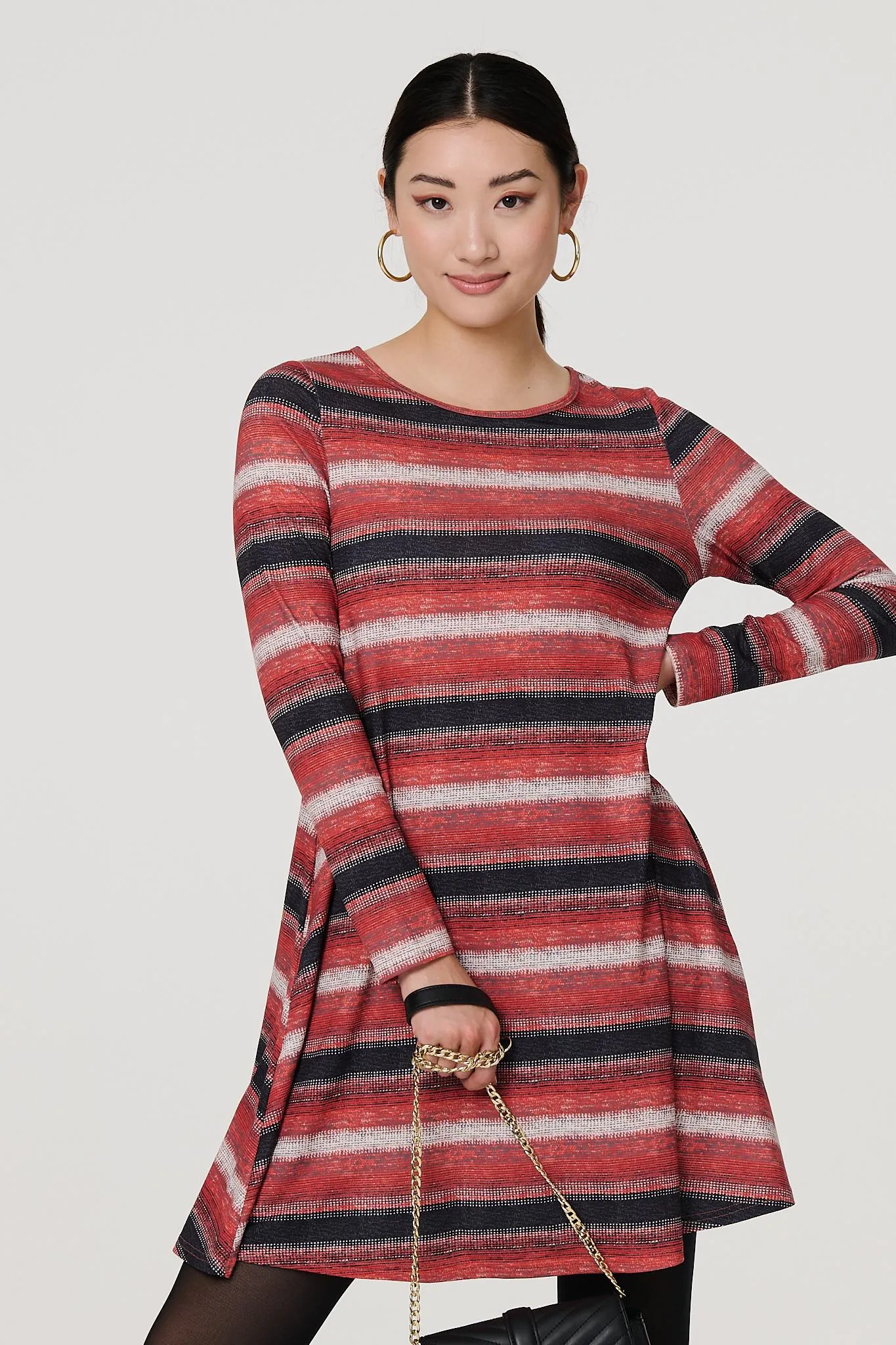 Striped Long Sleeve Short Swing Dress