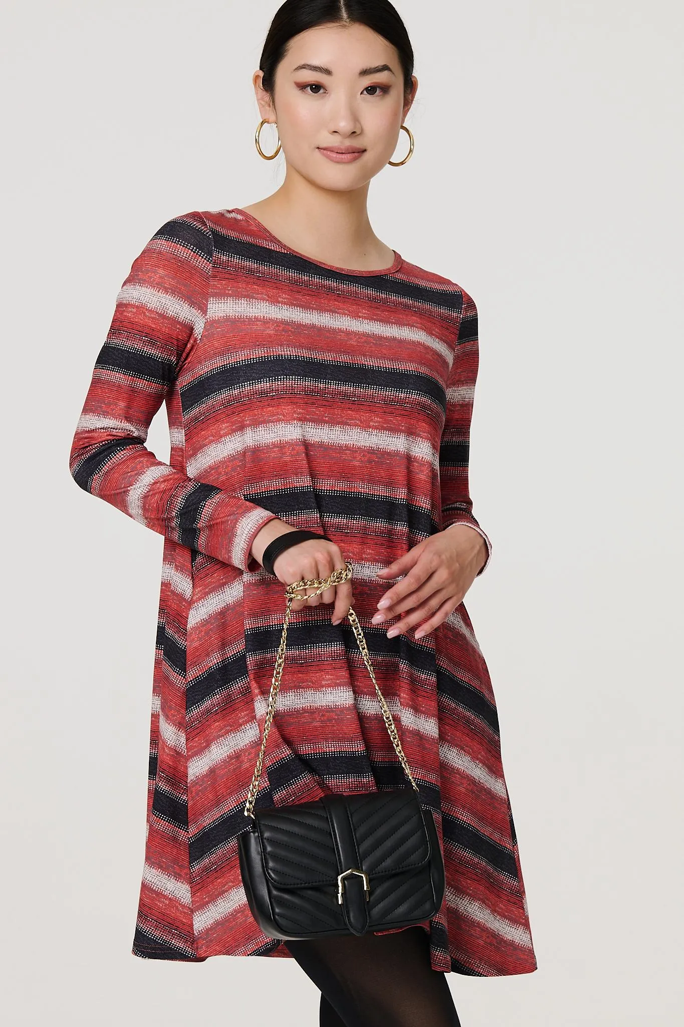 Striped Long Sleeve Short Swing Dress