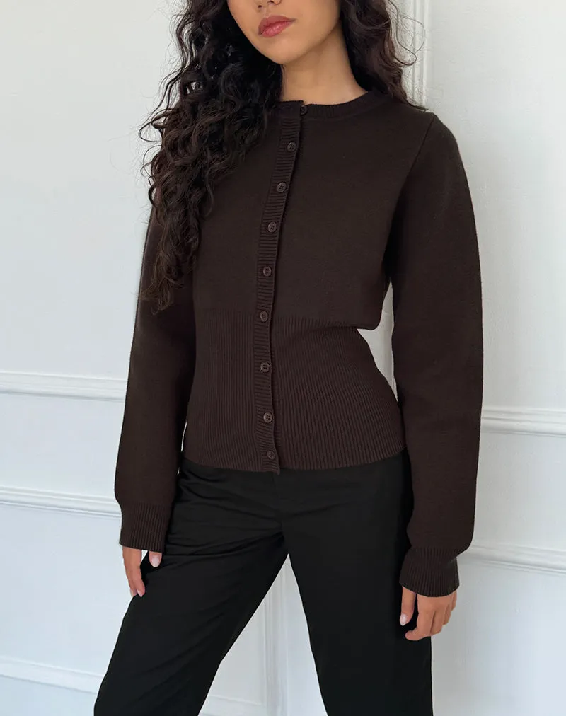 Subra Long Sleeve Ribbed Hem Cardigan in Bitter Chocolate