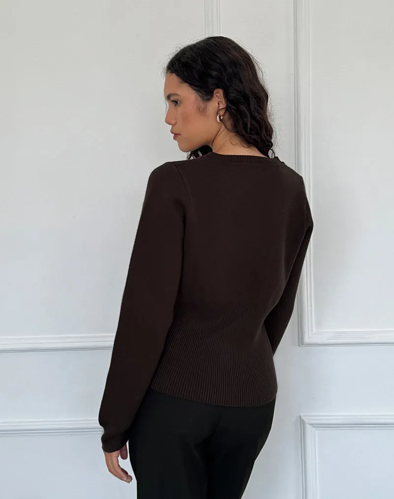 Subra Long Sleeve Ribbed Hem Cardigan in Bitter Chocolate