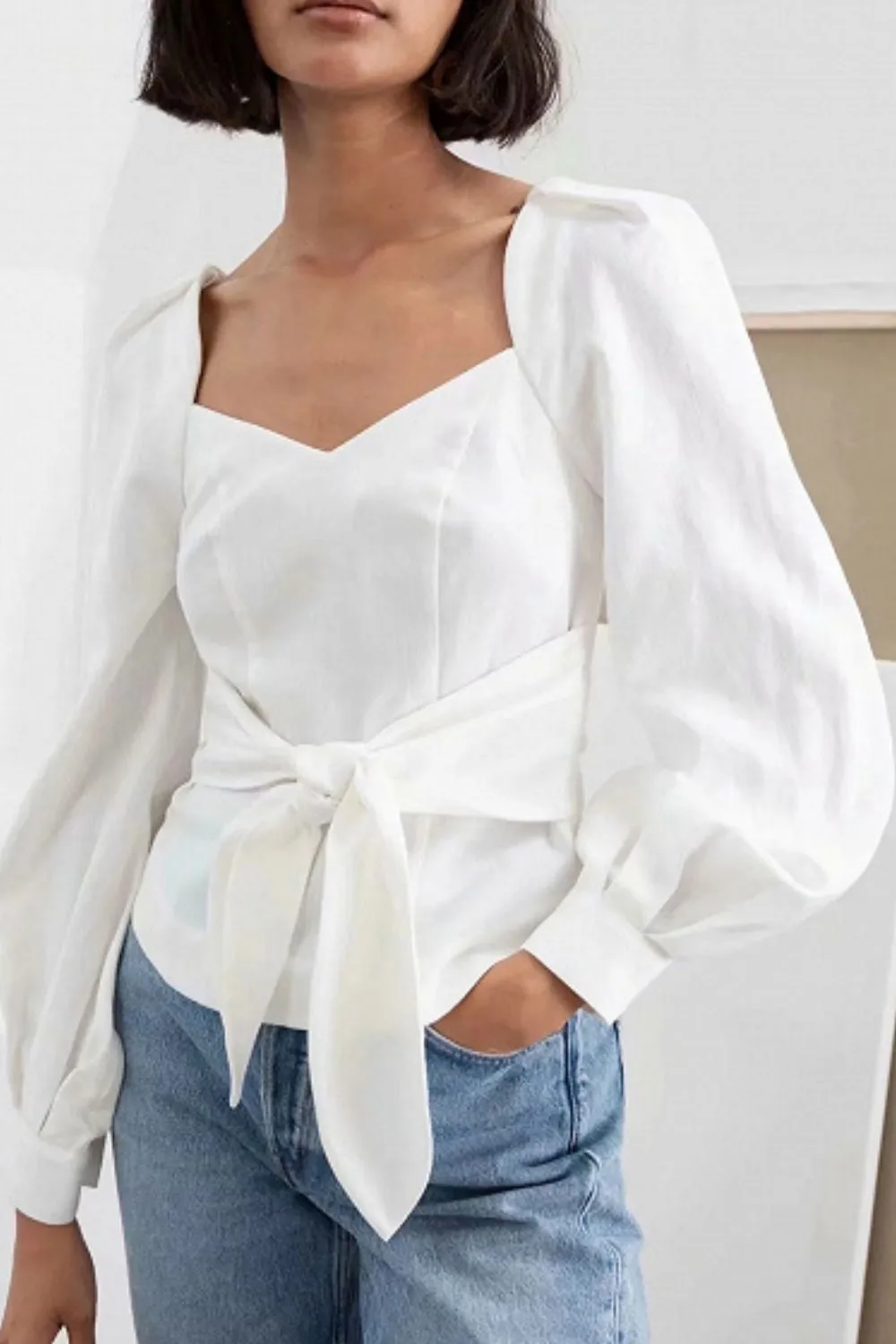 Sweatheart Neckline Full Sleeve White Top