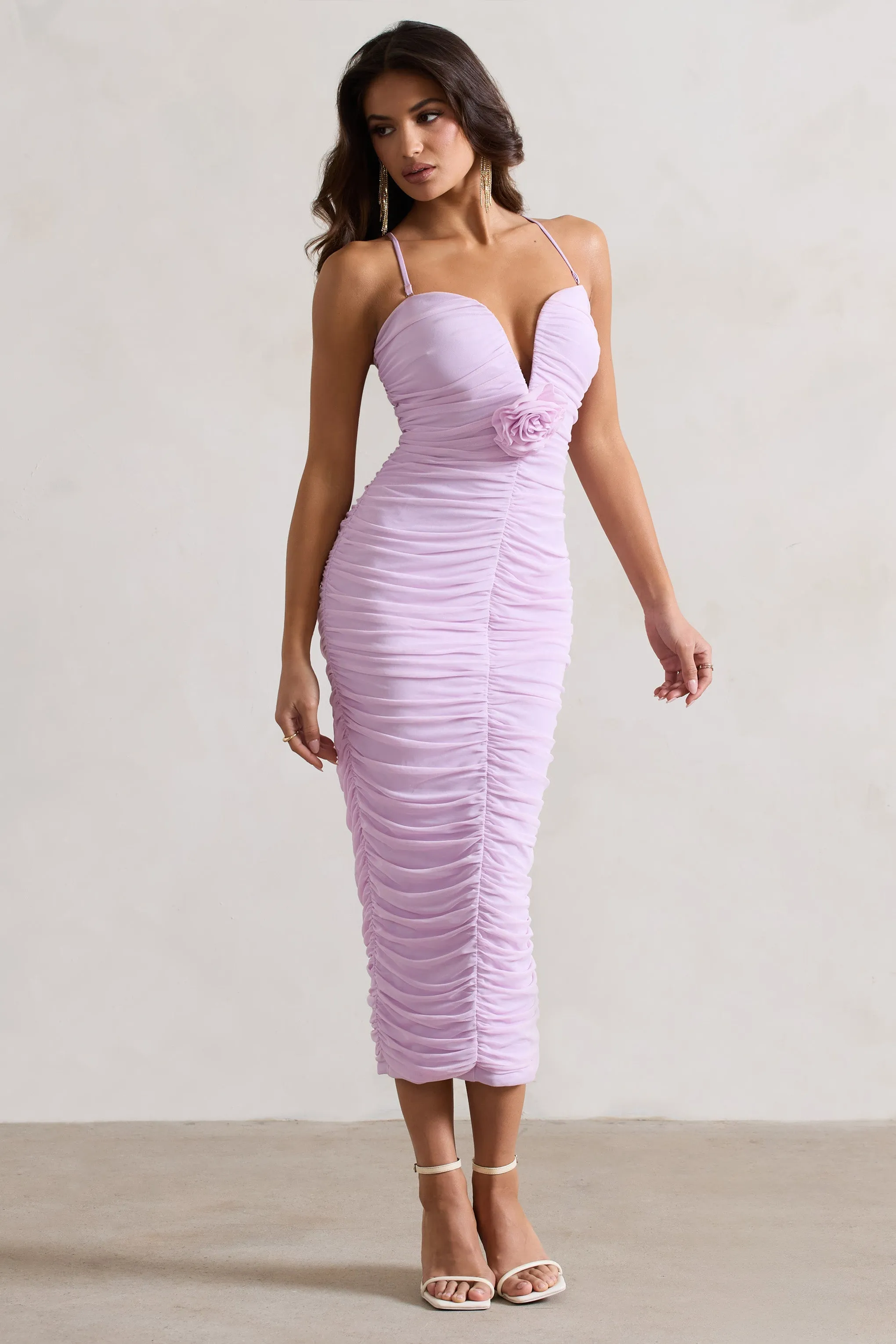 Taken | Pink Ruched Mesh Midi Dress With Corsage