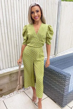 Terri Olive Green Polka Dot Puff Sleeve Jumpsuit