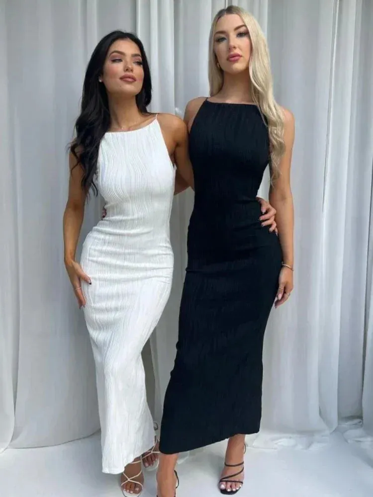 Texture White Bodycon Dress Sexy Spaghetti Strap Backless Slit Long Dresses for Women Elegant Party Outfits C18-CZ30