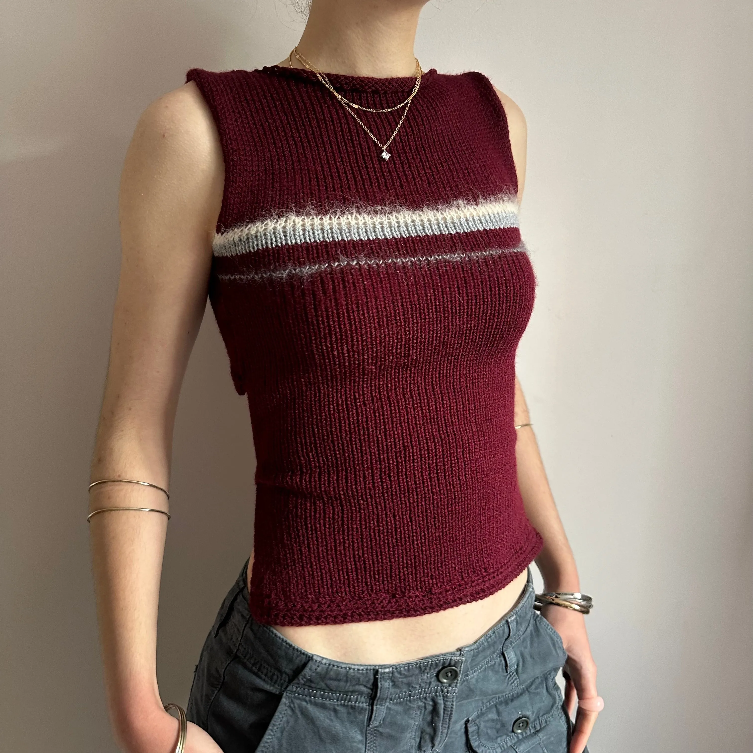 The Bordeaux Vest - handmade burgundy, grey and cream tie up knitted tank top