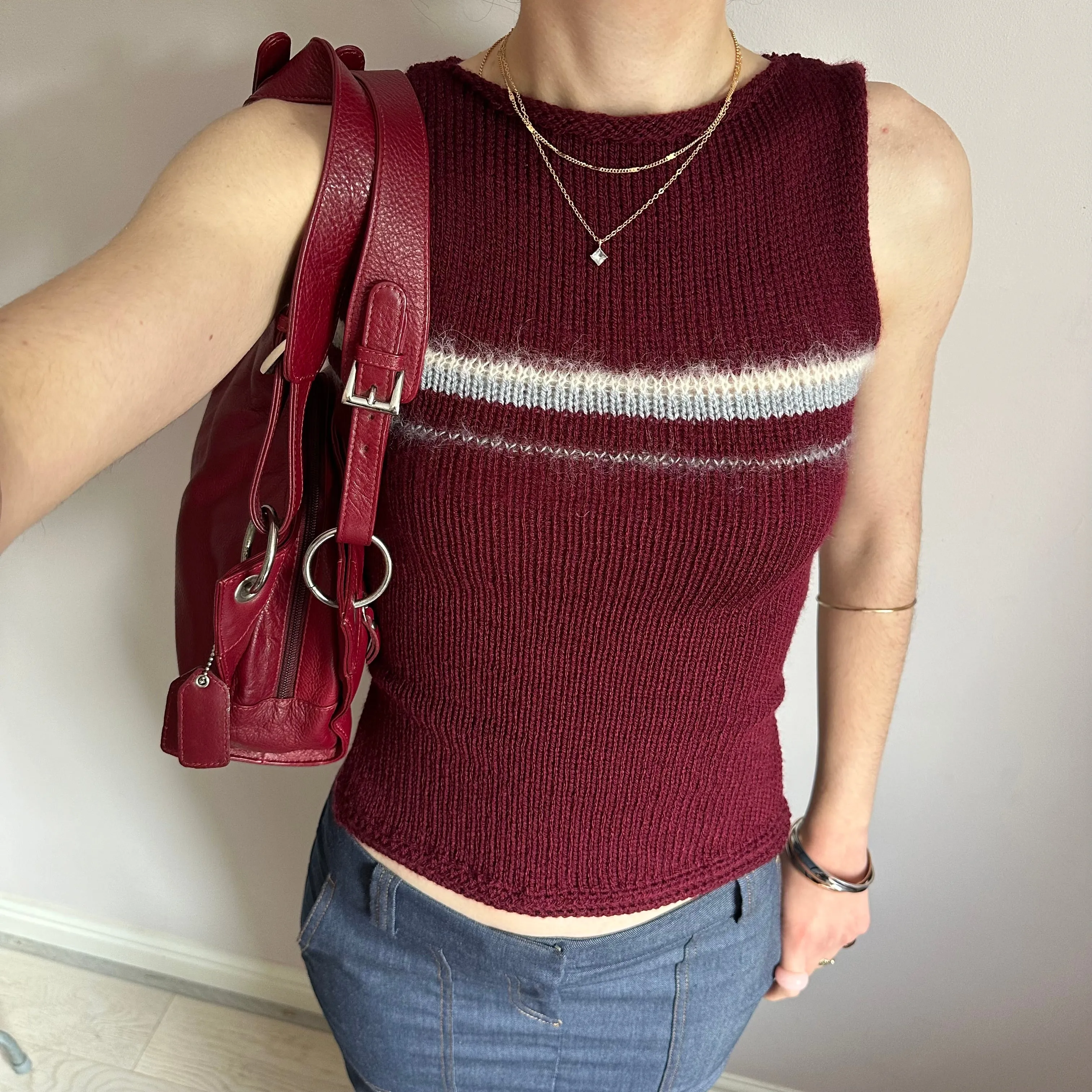 The Bordeaux Vest - handmade burgundy, grey and cream tie up knitted tank top