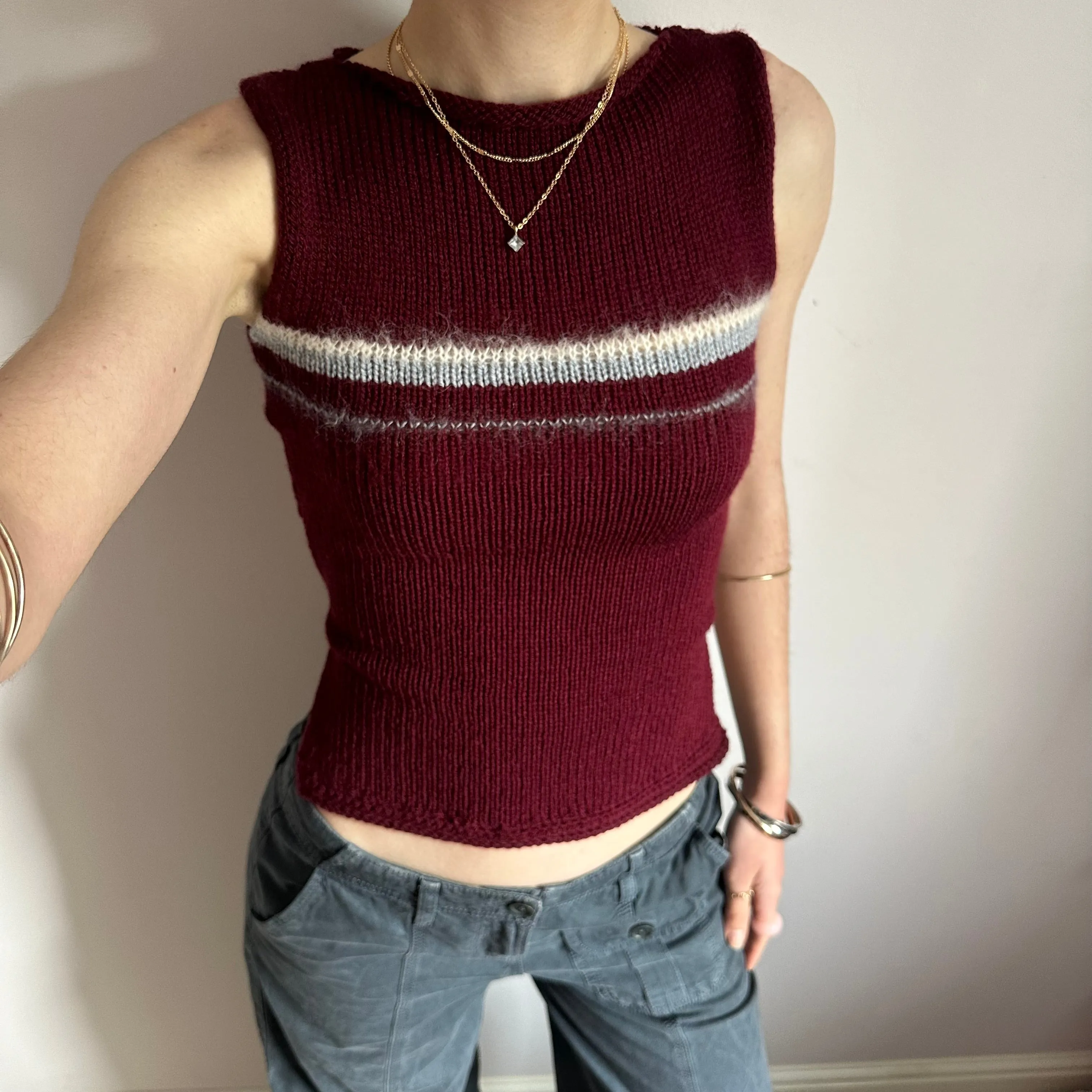 The Bordeaux Vest - handmade burgundy, grey and cream tie up knitted tank top