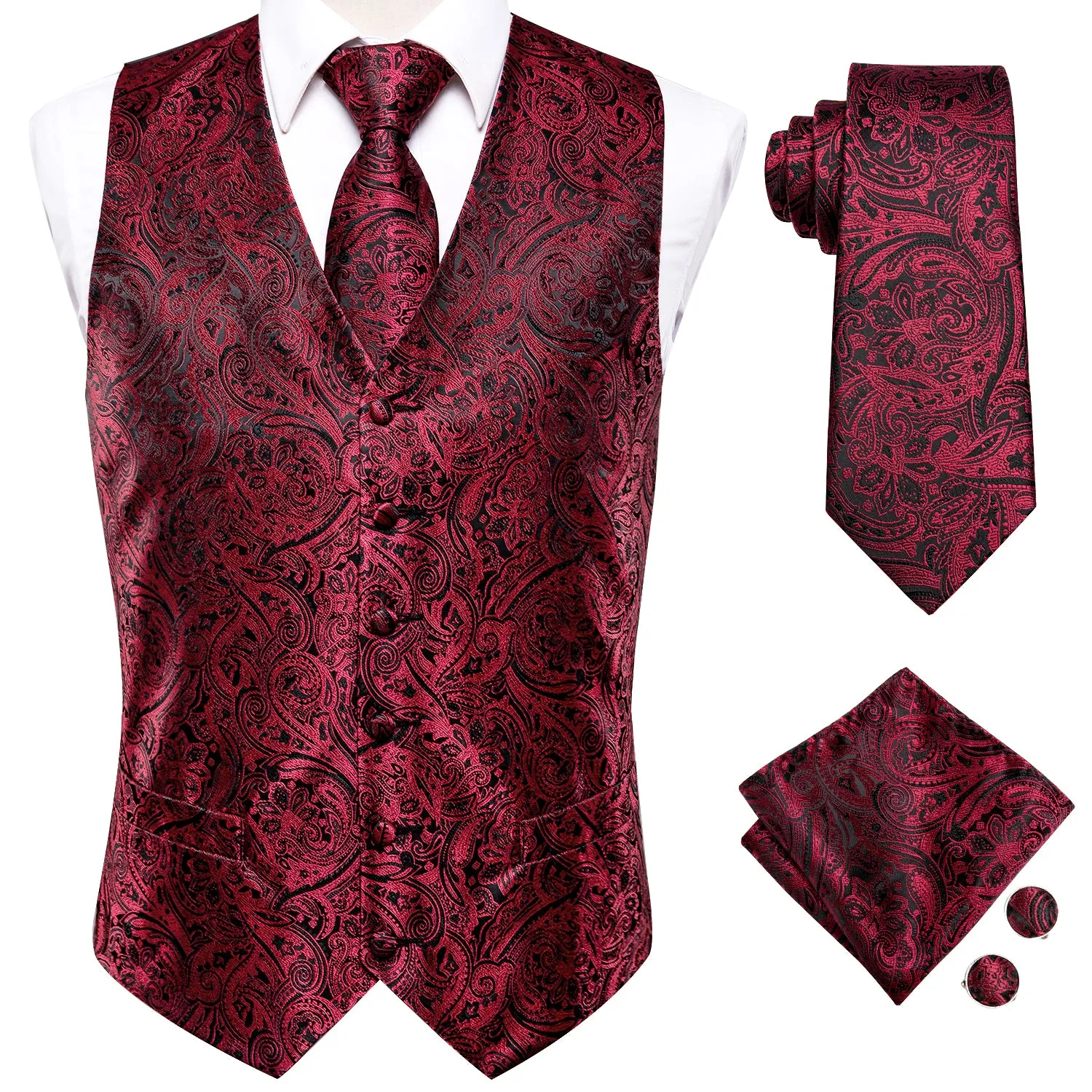 Ties2you Men's Vest Red Black Paisley Jacquard Silk Vest Hanky Cufflinks Tie Set