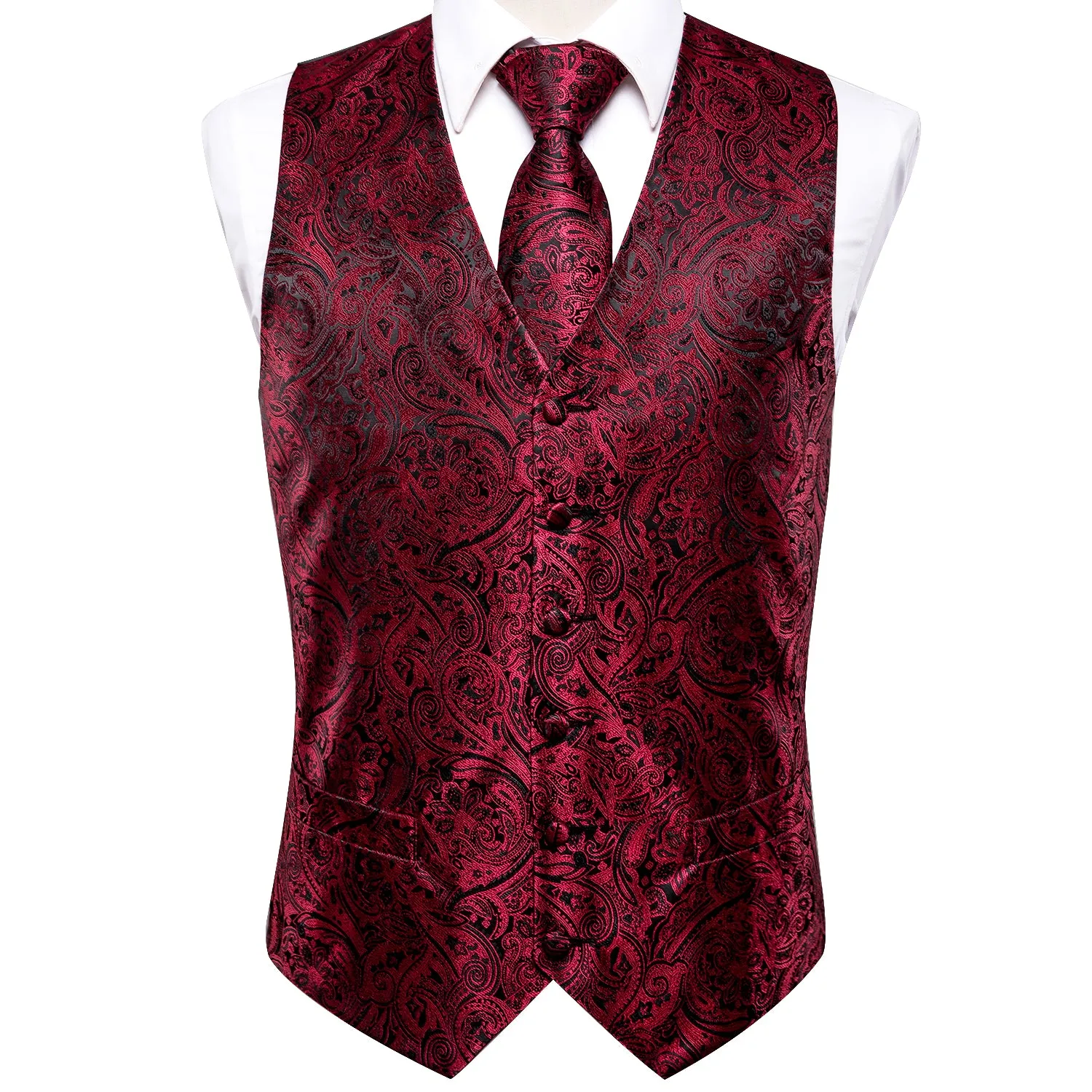 Ties2you Men's Vest Red Black Paisley Jacquard Silk Vest Hanky Cufflinks Tie Set