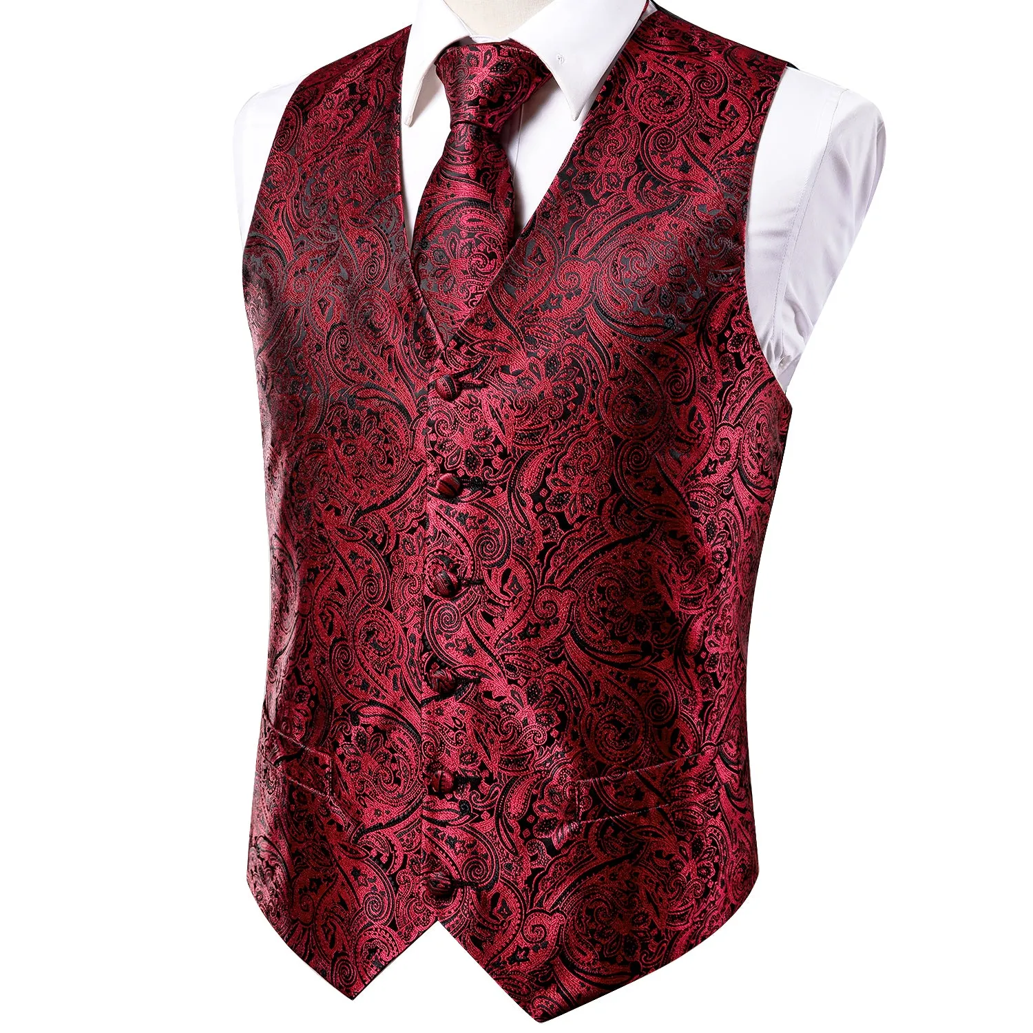 Ties2you Men's Vest Red Black Paisley Jacquard Silk Vest Hanky Cufflinks Tie Set