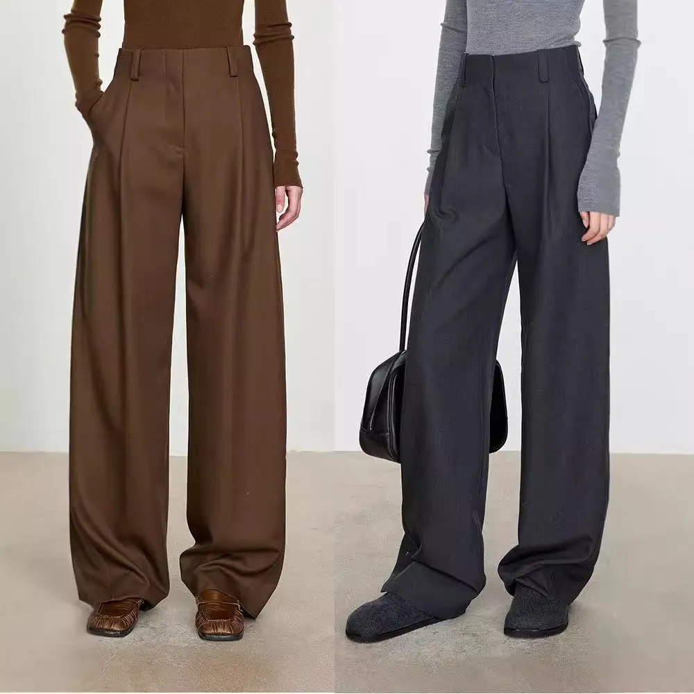 Toleet Old money style Winter and Autumn Chic Worsted Wool Slimming High Micro-Arc Wide-Leg Pants