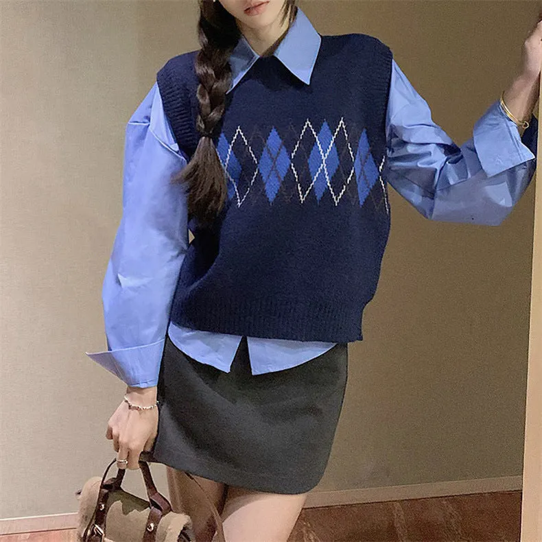 Uniwim cold weather outfits Retro Jacquard round Neck Sweater Vest for Women Autumn and Winter Hong Kong Style Temperament Short Stacked Knitted Vest Fashion