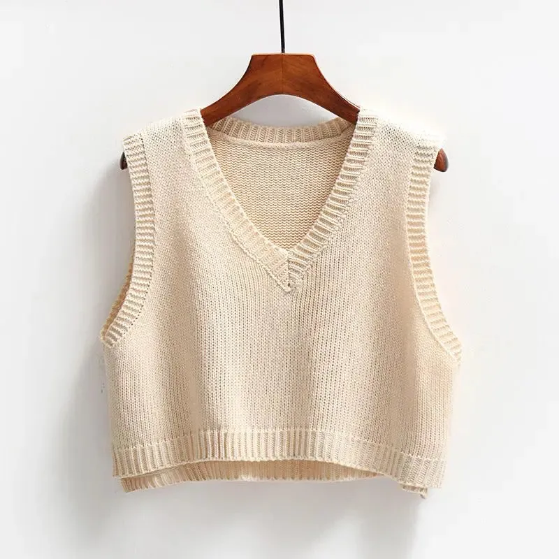 V-neck Knitted Vest Women's Retro Preppy Style Versatile Wear Solid Color Cropped Pullover Sleeveless Sweater