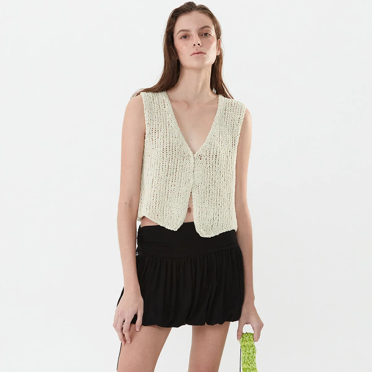 Versatile V Neck One Button Split Summer Crochet Open Knit Sweater Vest