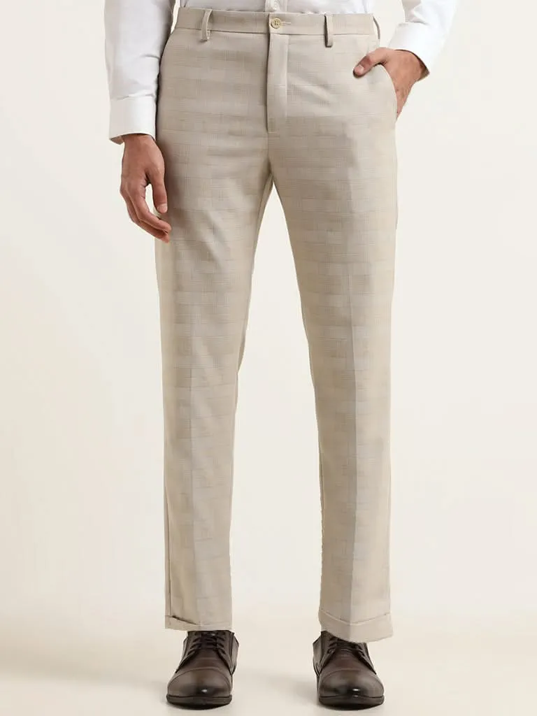 WES Formals Beige Mid-Rise Straight Fit Trousers