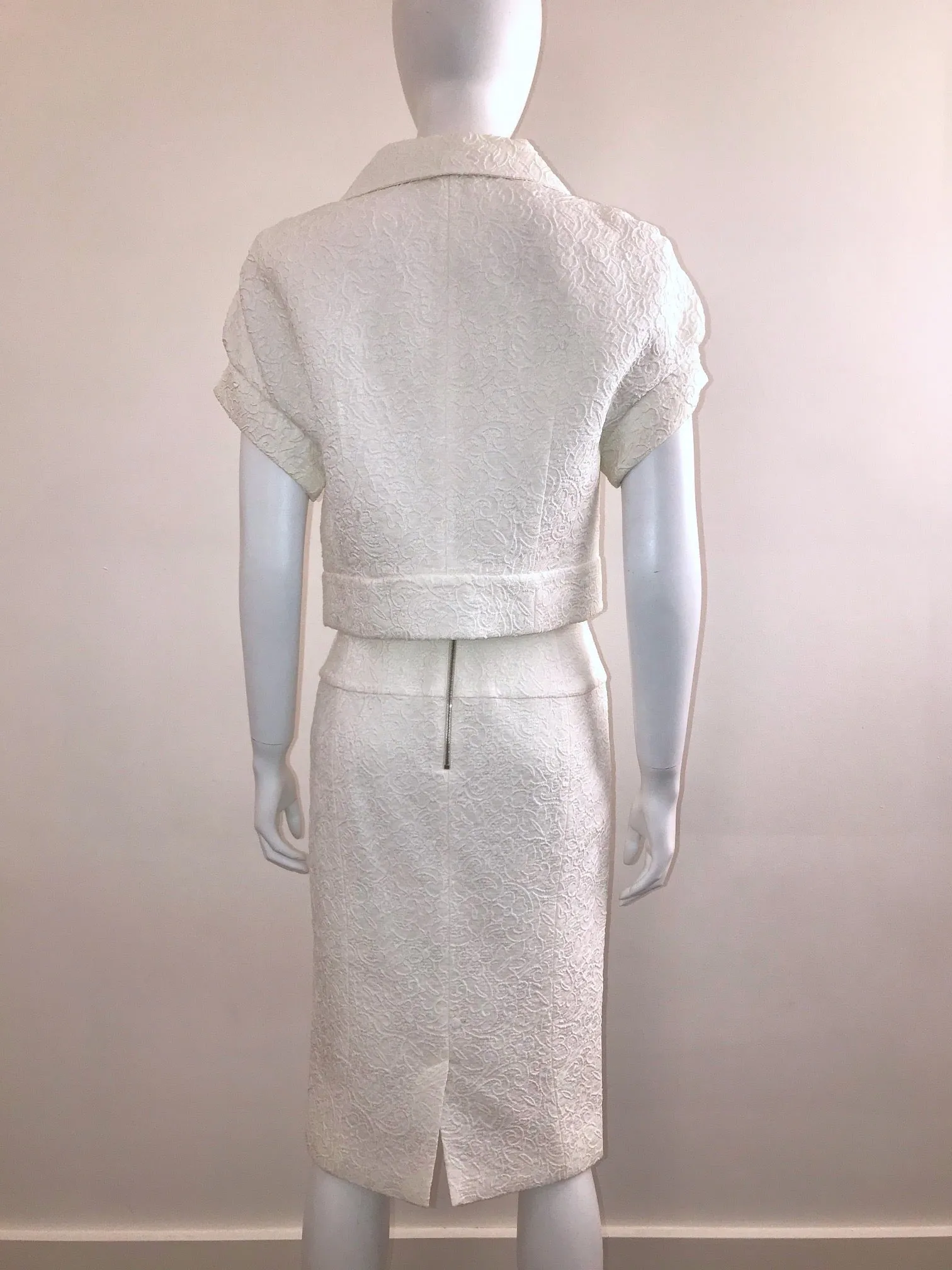 White Cap Sleeve Textured Skirt Suit