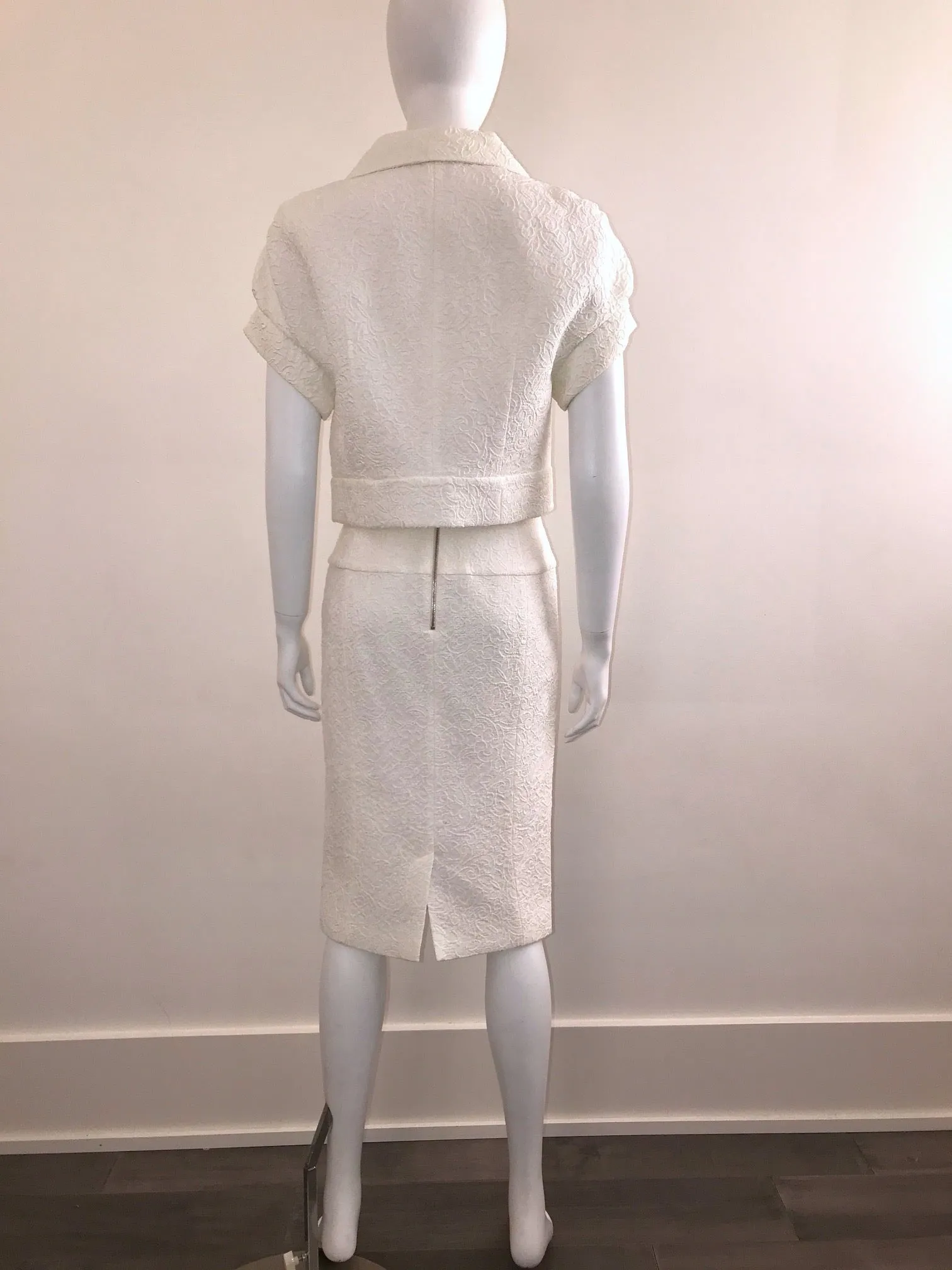 White Cap Sleeve Textured Skirt Suit