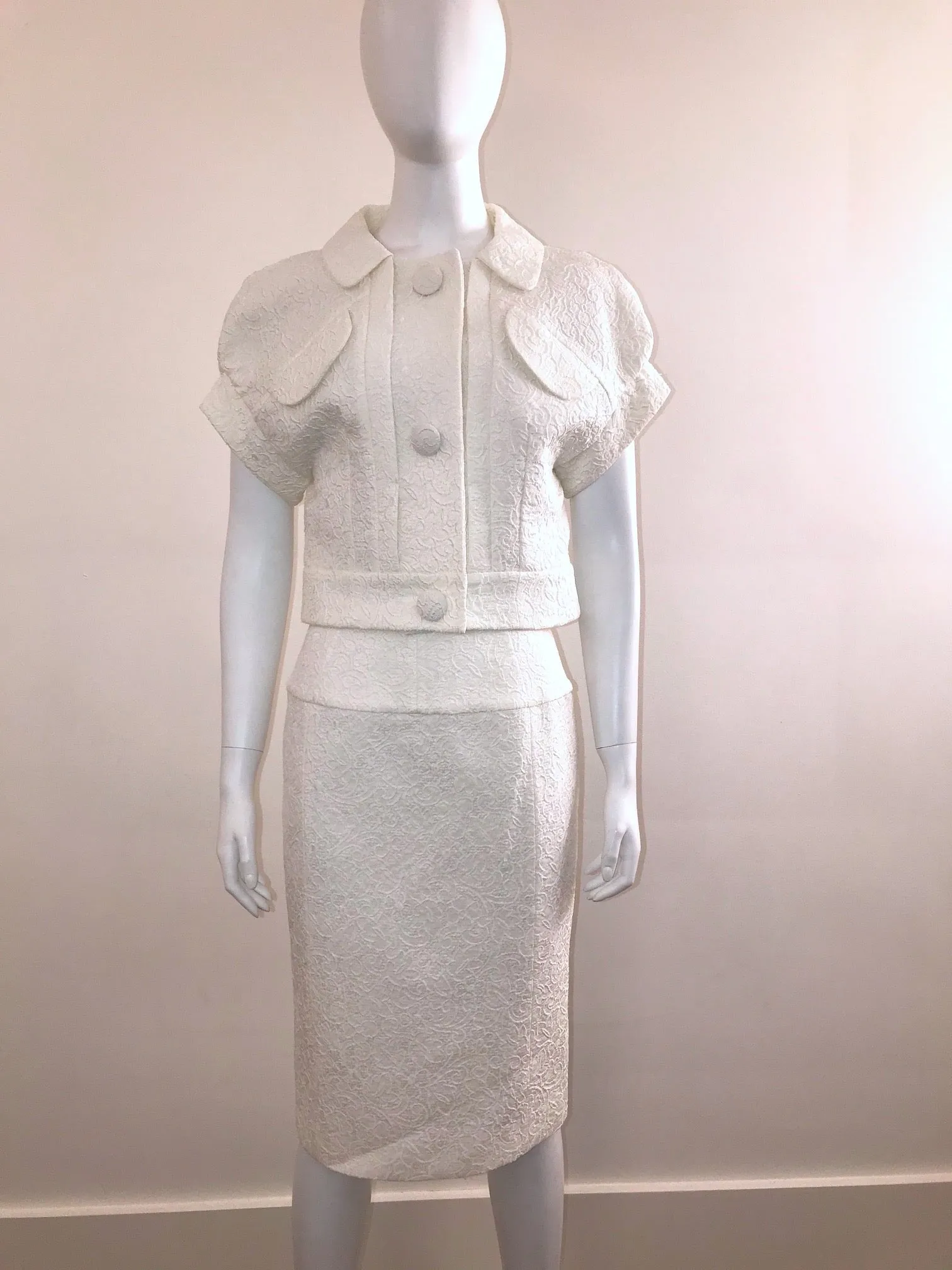 White Cap Sleeve Textured Skirt Suit