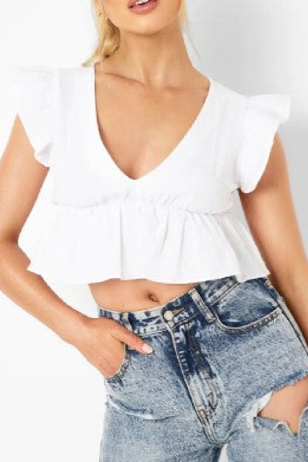 White Cropped Peplum Top