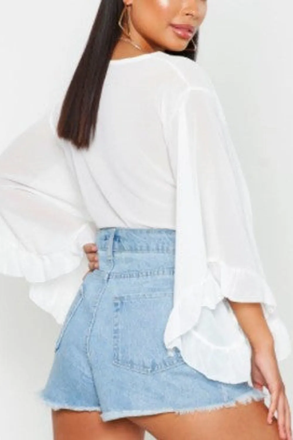 White Petite Ruffle Sleeve Tie Front Top