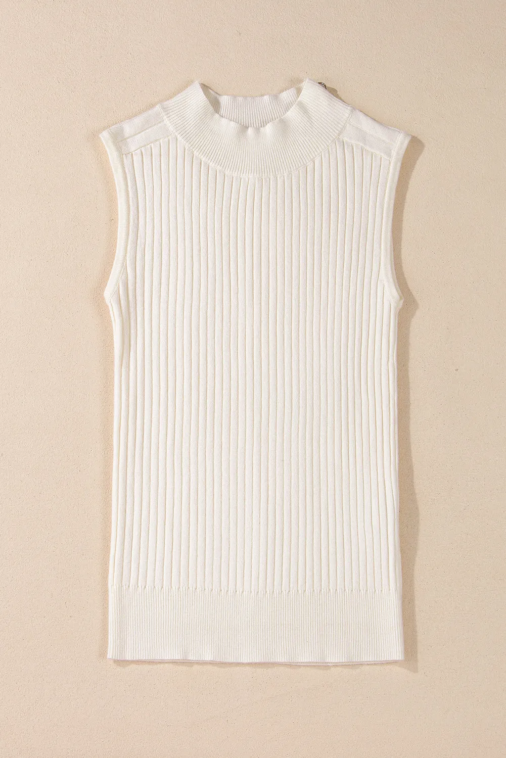 White Ribbed Knit High Neck Sweater Vest