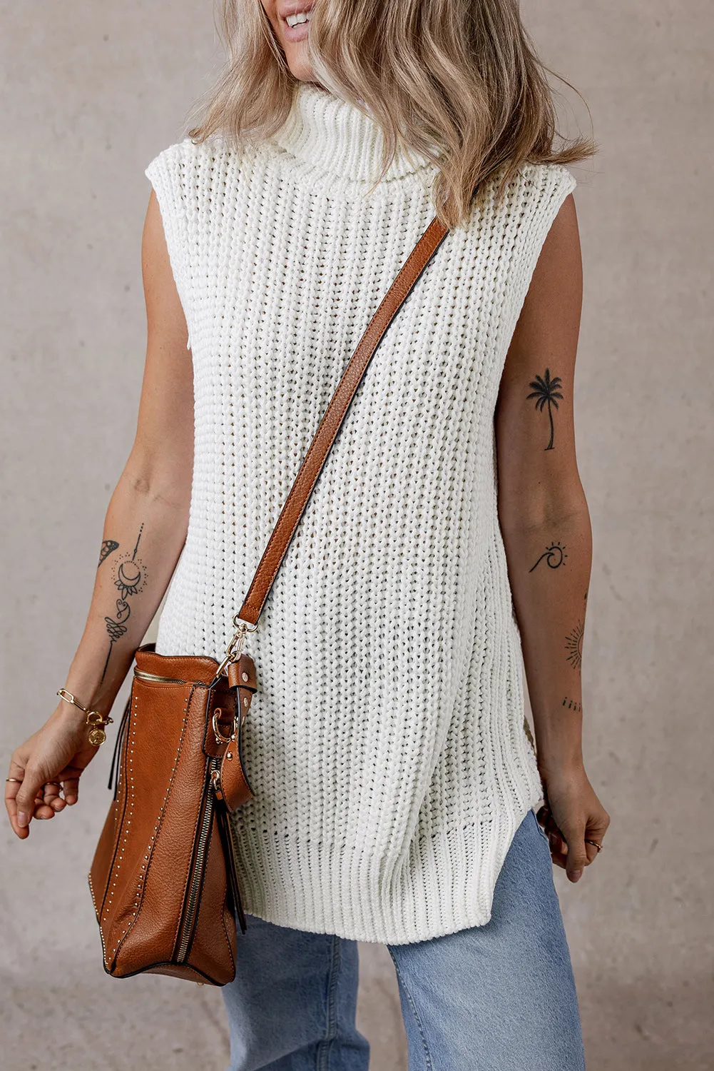 White Turtleneck Knitted Slit Hem Sweater Vest