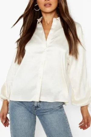 White Woven Ruched Sleeve Shirt