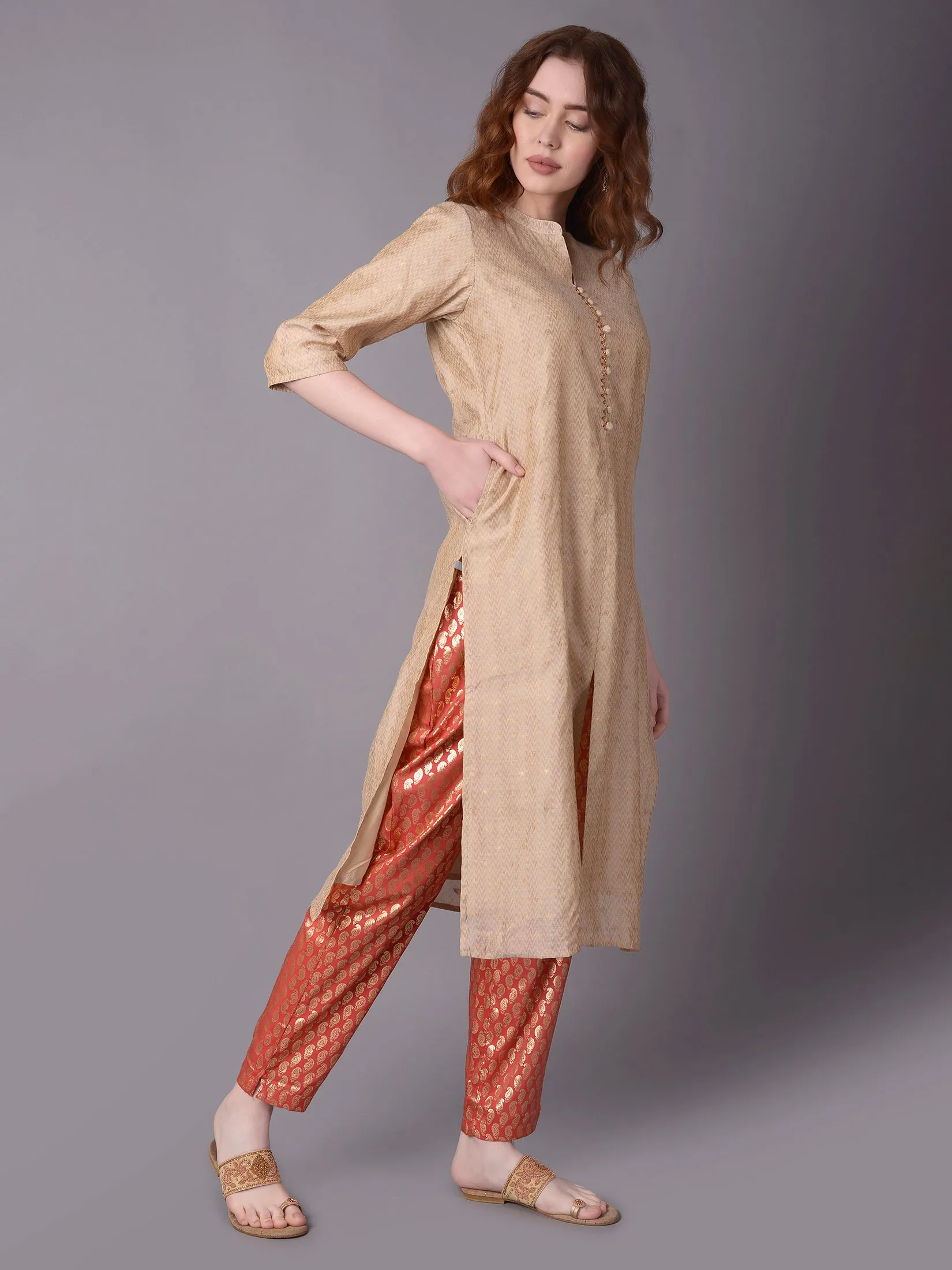 Women Beige Ornamental Printed Kurta Trouser Dupatta