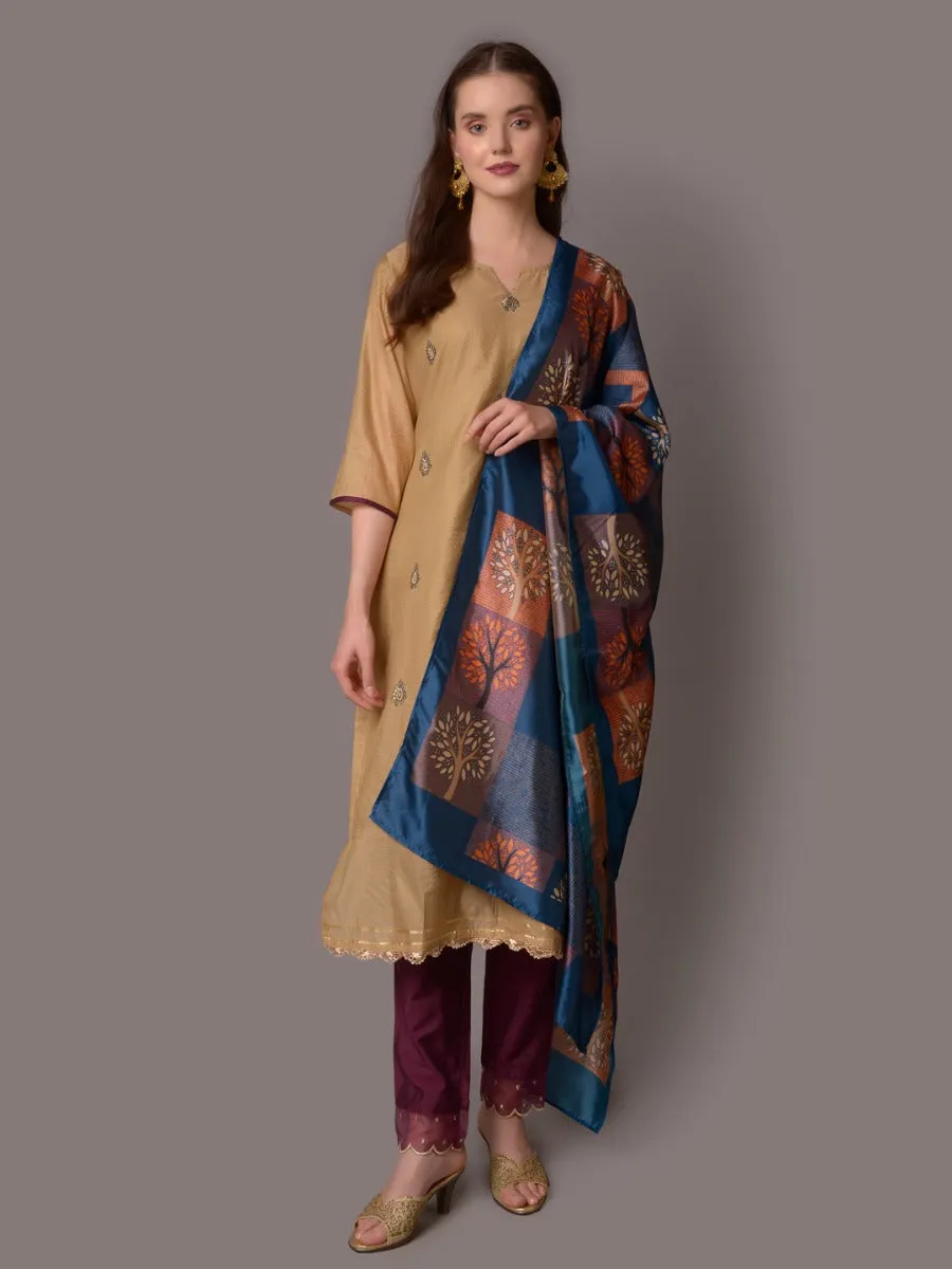 Women Beige Solid Kurta Trouser Dupatta