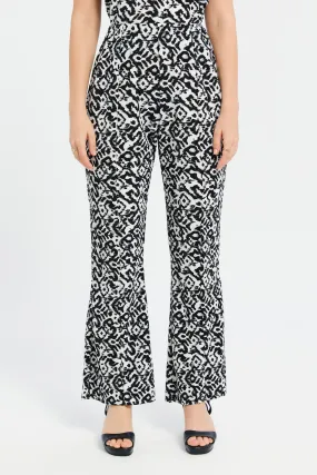 Women Black And White Printed Plisse Wide Leg Trouser