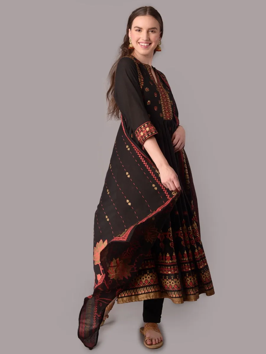 Women Black Ornamental Print Kurta Trouser Dupatta