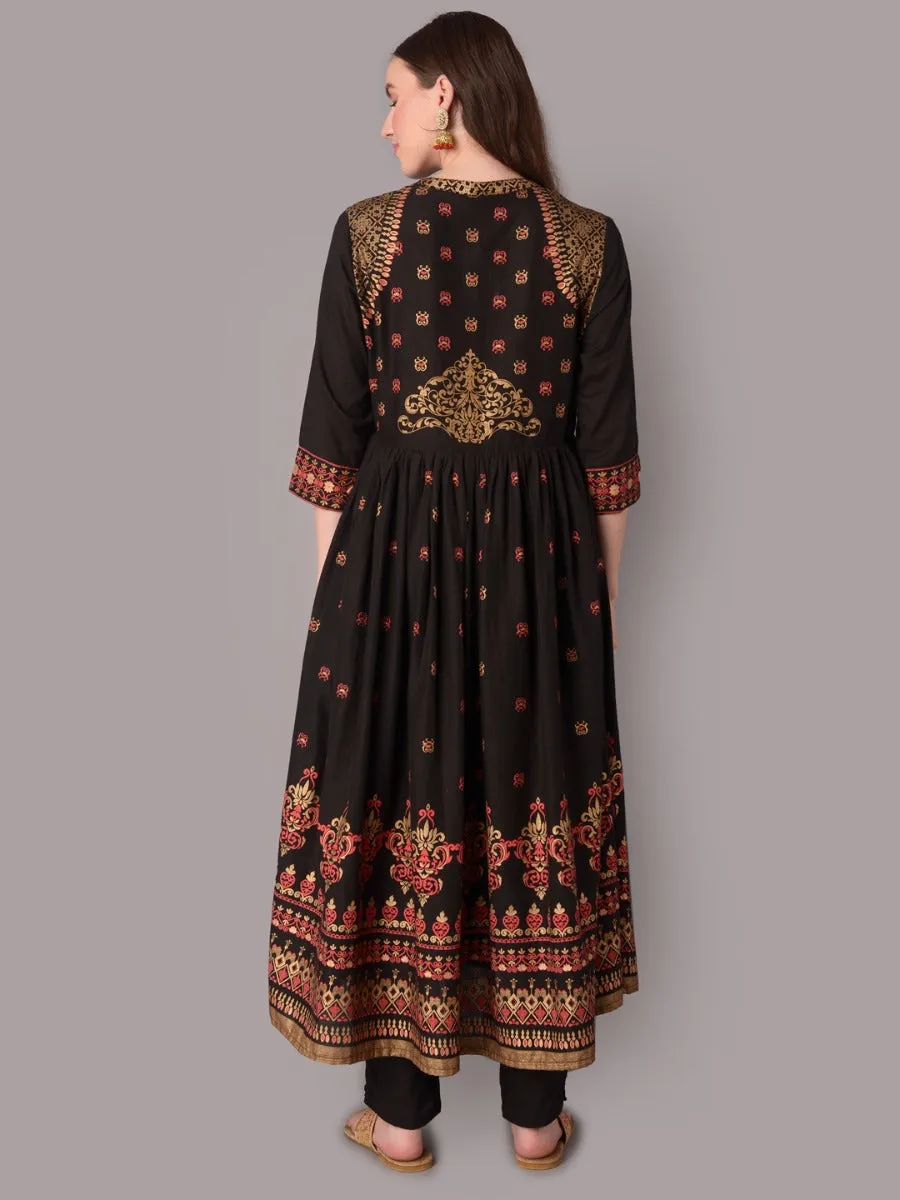 Women Black Ornamental Print Kurta Trouser Dupatta