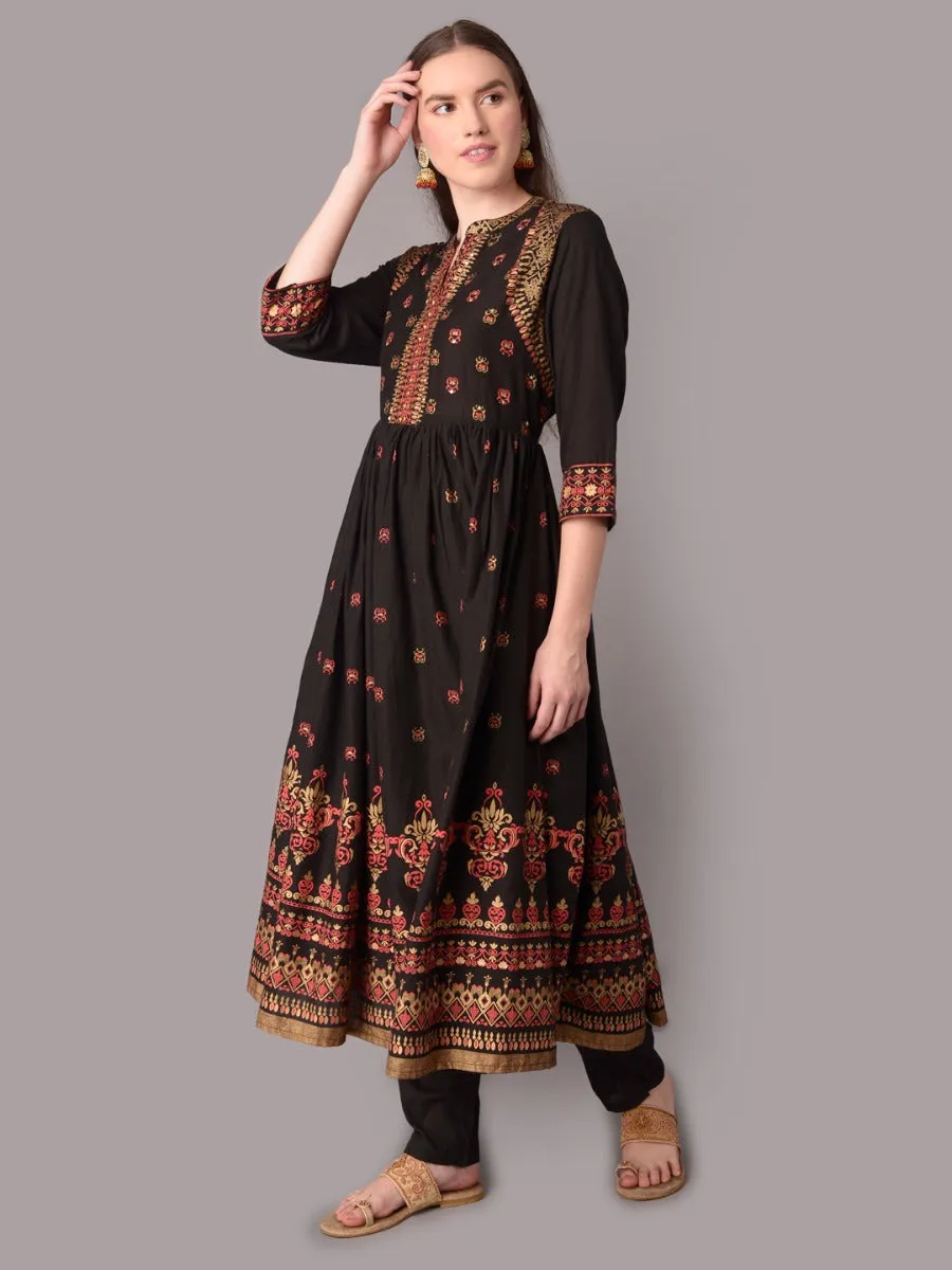 Women Black Ornamental Print Kurta Trouser Dupatta