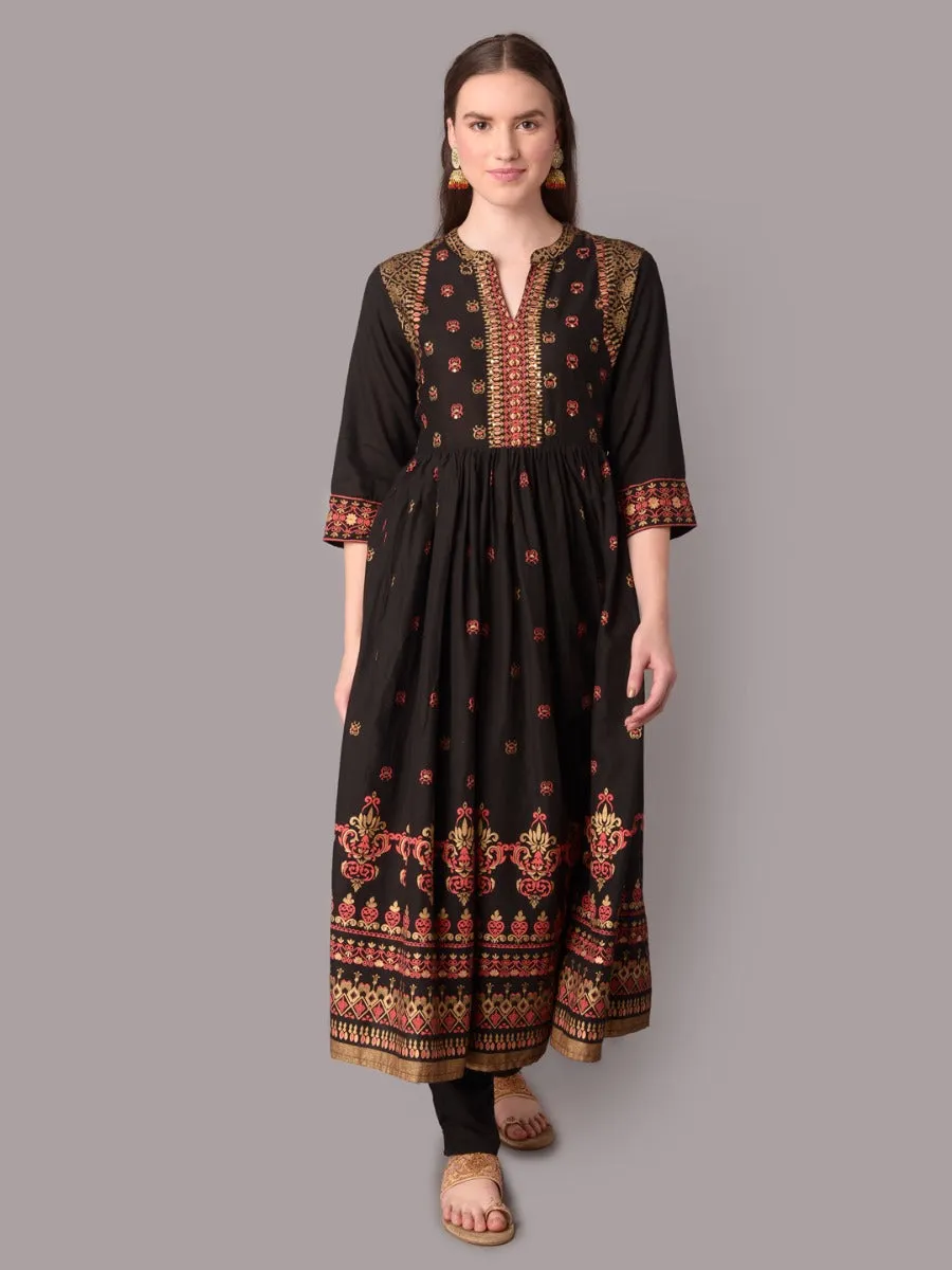 Women Black Ornamental Print Kurta Trouser Dupatta