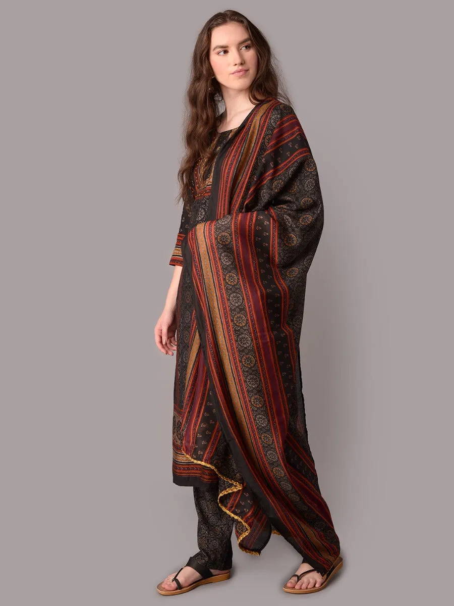 Women Black Ornamental Printed Kurta Trouser Dupatta