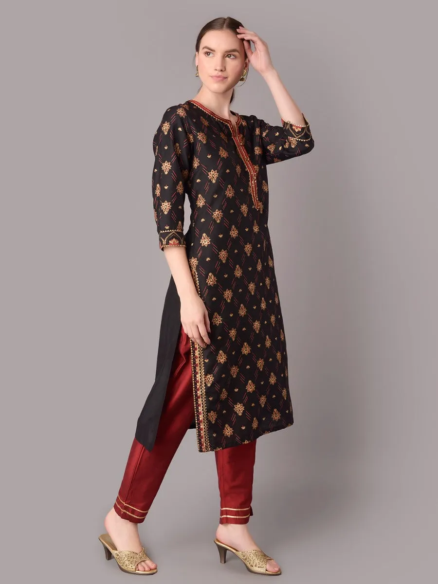 Women Black Ornamental Printed Kurta With Trouser