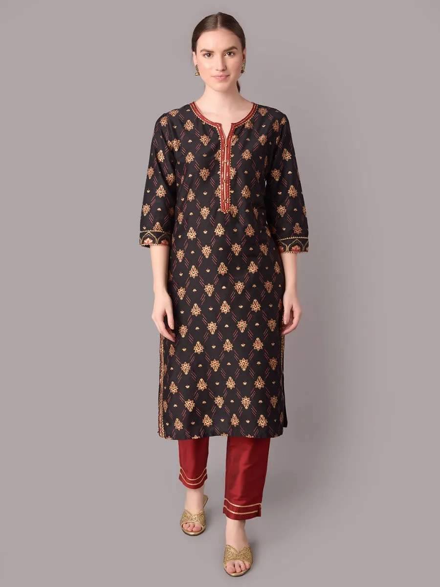 Women Black Ornamental Printed Kurta With Trouser