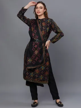 Women Black Pashmina Kurta Trouser With Shawl