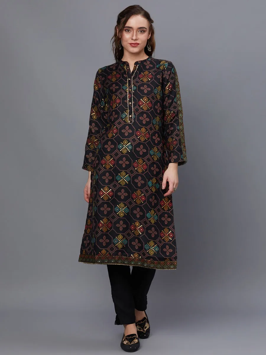 Women Black Pashmina Kurta Trouser With Shawl