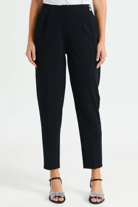 Women Black Tapered Waist Detail Trouser