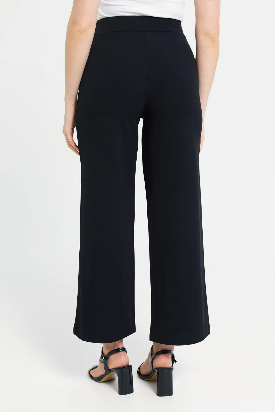 Women Black Wide Leg Pin Tuck Detail Trousers