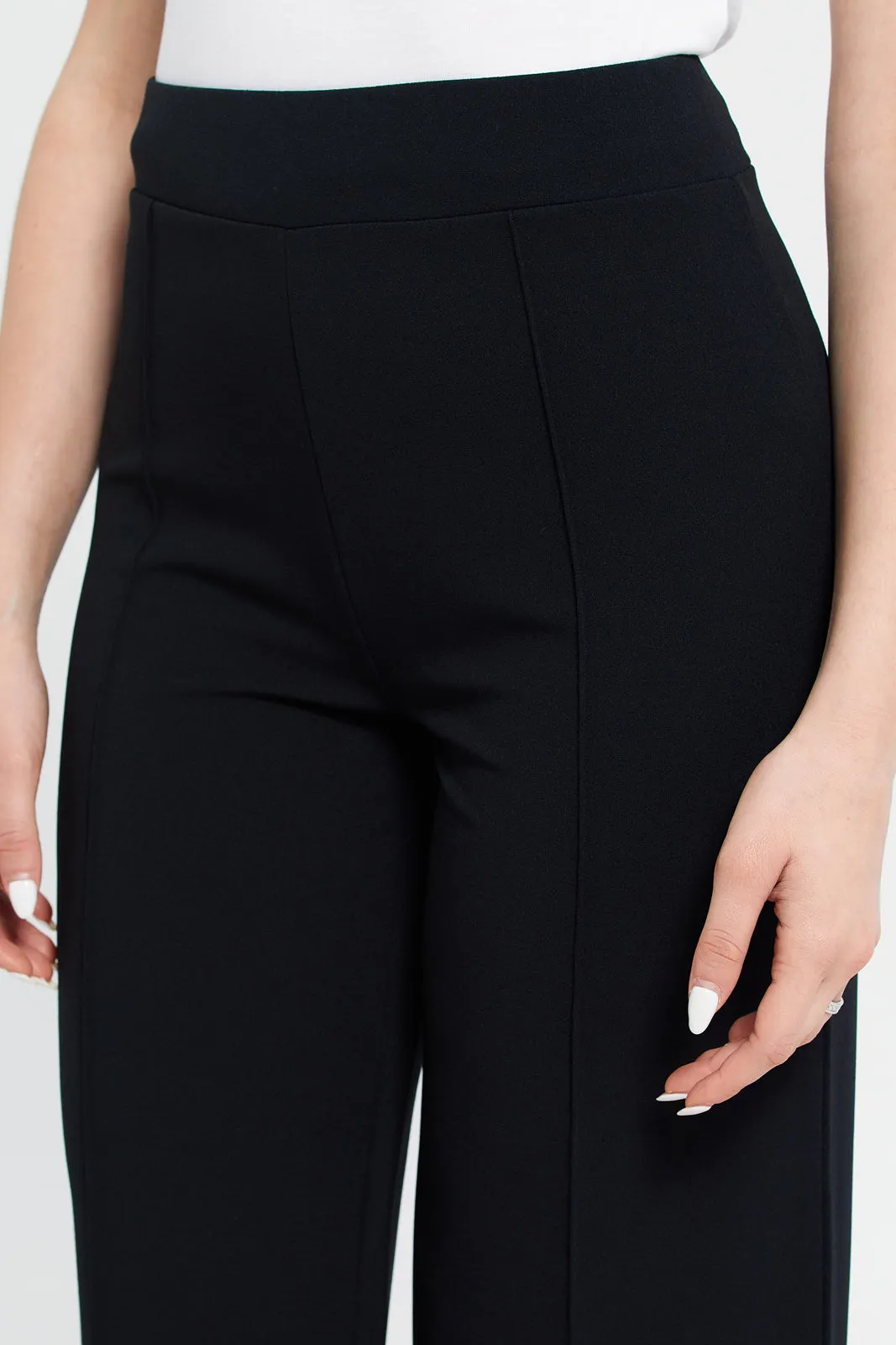 Women Black Wide Leg Pin Tuck Detail Trousers