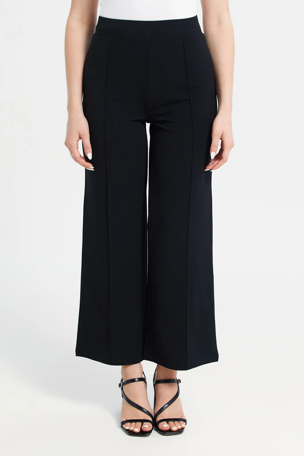 Women Black Wide Leg Pin Tuck Detail Trousers